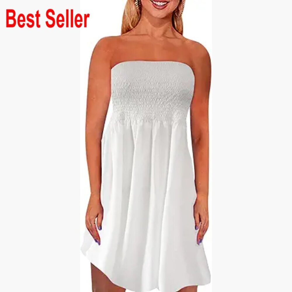 Polyester Tube Top Dress Strapless Smocked Sundress Cover Up